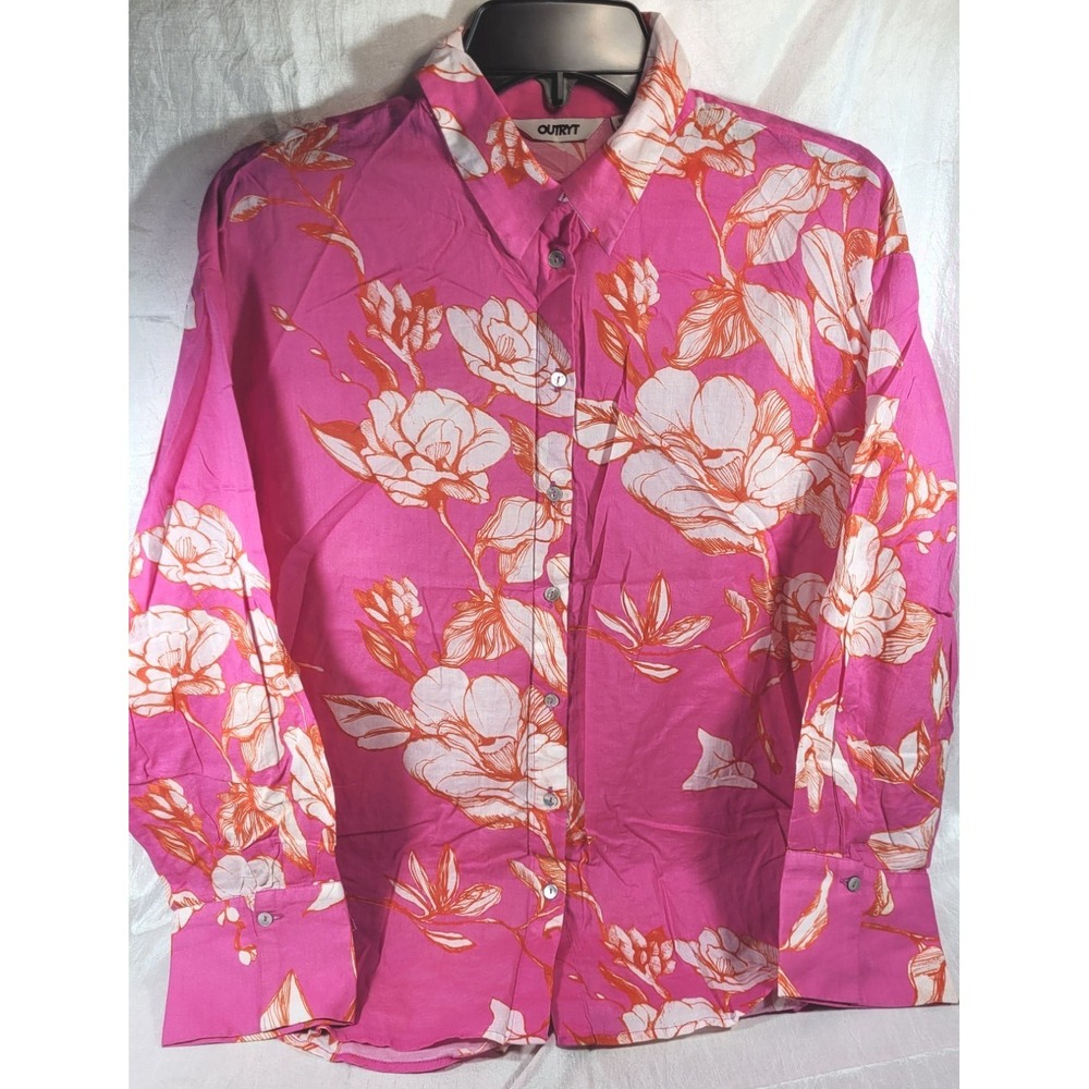 Outryt Women's Button Down Thin Cotton Floral Long Sleeve Blouse - Fuchsia - M